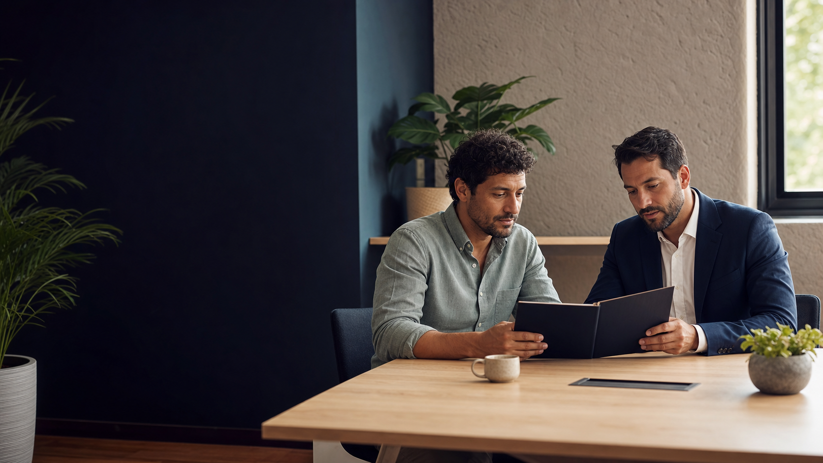 Cliente e consultor analisando uma protecao em reuniao